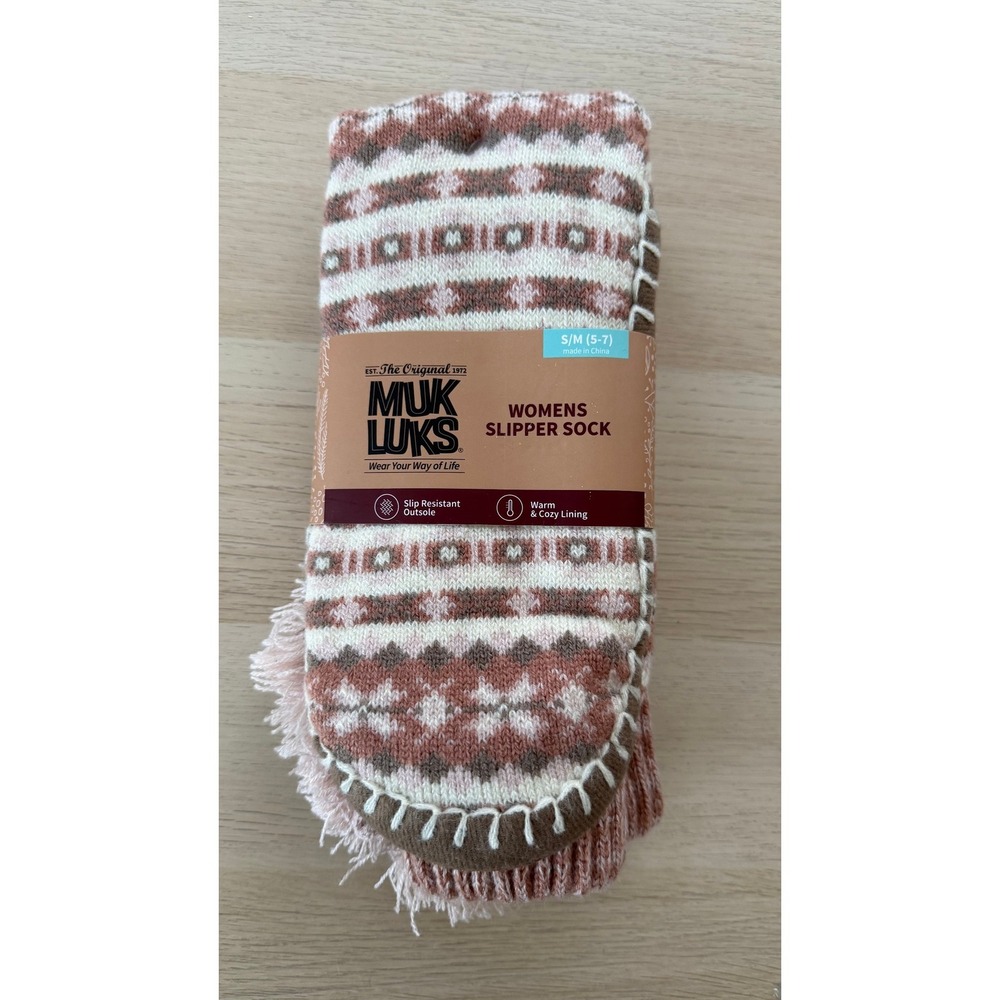 Muk Luks Womens Slipper Socks Brown Pink Geometric Knit Slip Resistant S/M 5-7